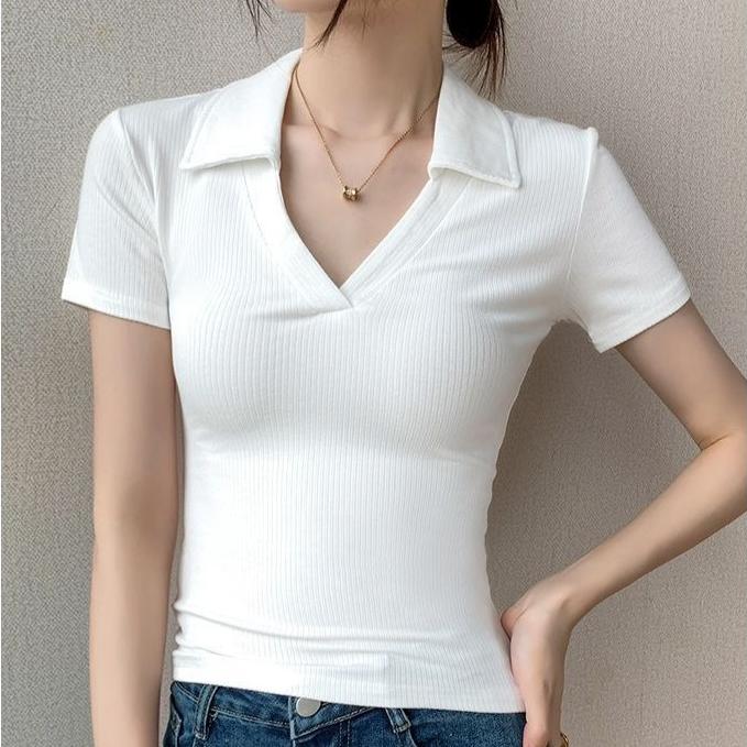 Women's Short-sleeve T-shirt Summer Simple Solid Color Slim-fit Polo Collar T-shirt Short Stretch Polo Shirt