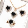 5 Piece Set Women Fashionable Creative Black Heart Shaped Crystal Pendant Collarbone Necklace Earrings Ring Bracelet Combination