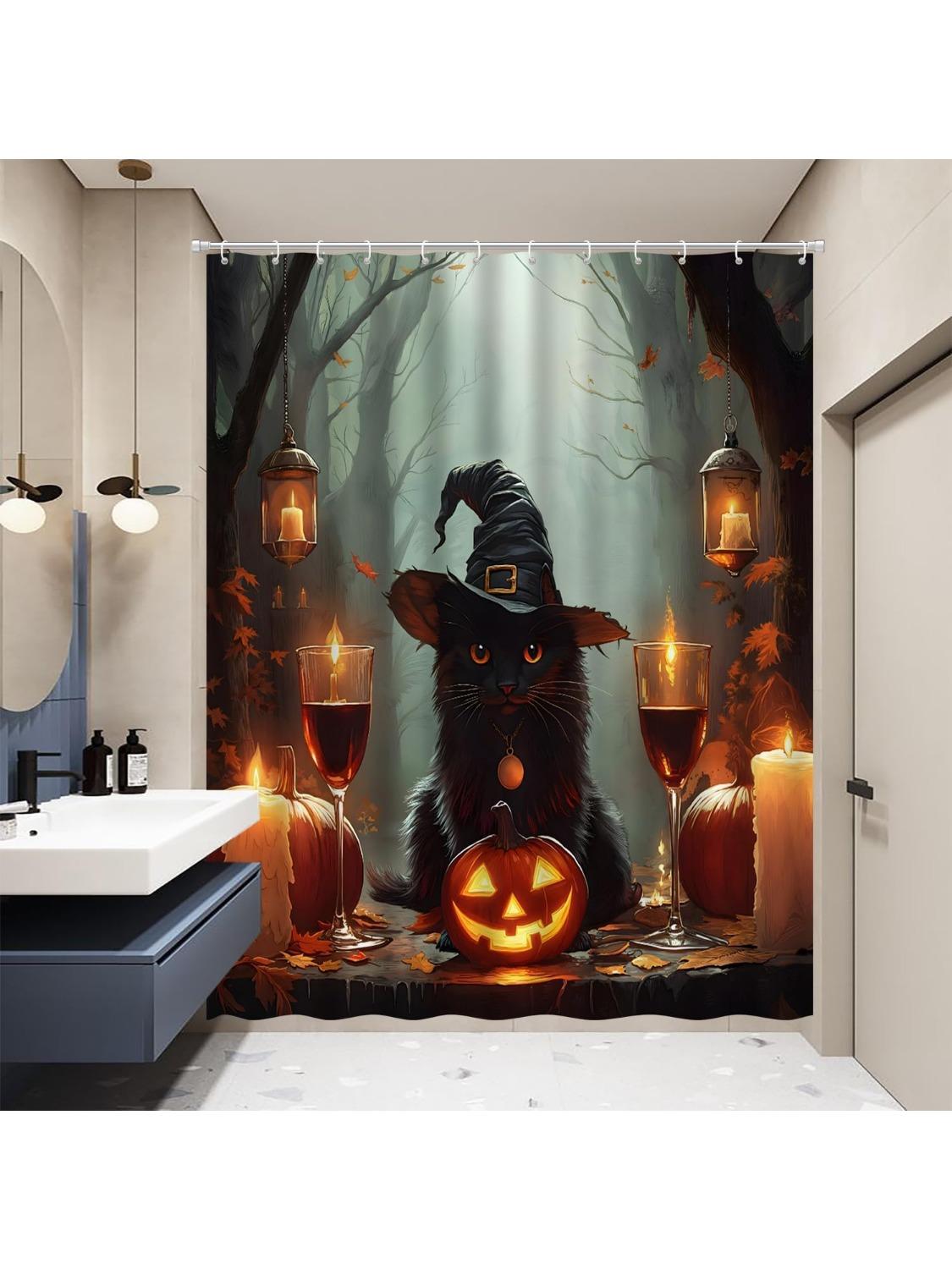 

Gothic Black Cat with Witch Hat Shower Curtain Pumpkin Candle Champagne Spooky Misty Forest Night Halloween Bathroom Decorate 90x180CM