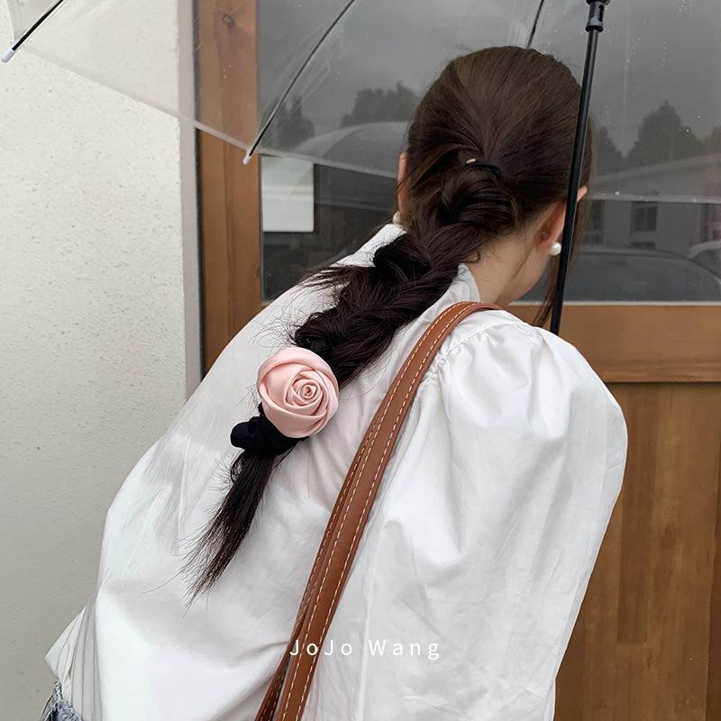 Satin Rose Hair Tie Headwear, High Elastic Hair Tie Headband, Korean Flower