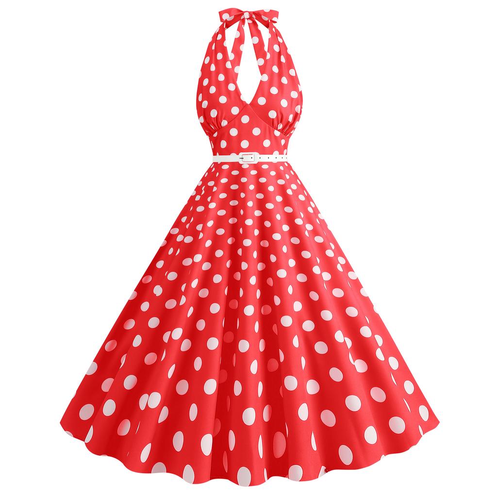 GMXIA Barbie Pink Women's Retro Neckline Polka Dot Print Swing Dress White Leather Belt