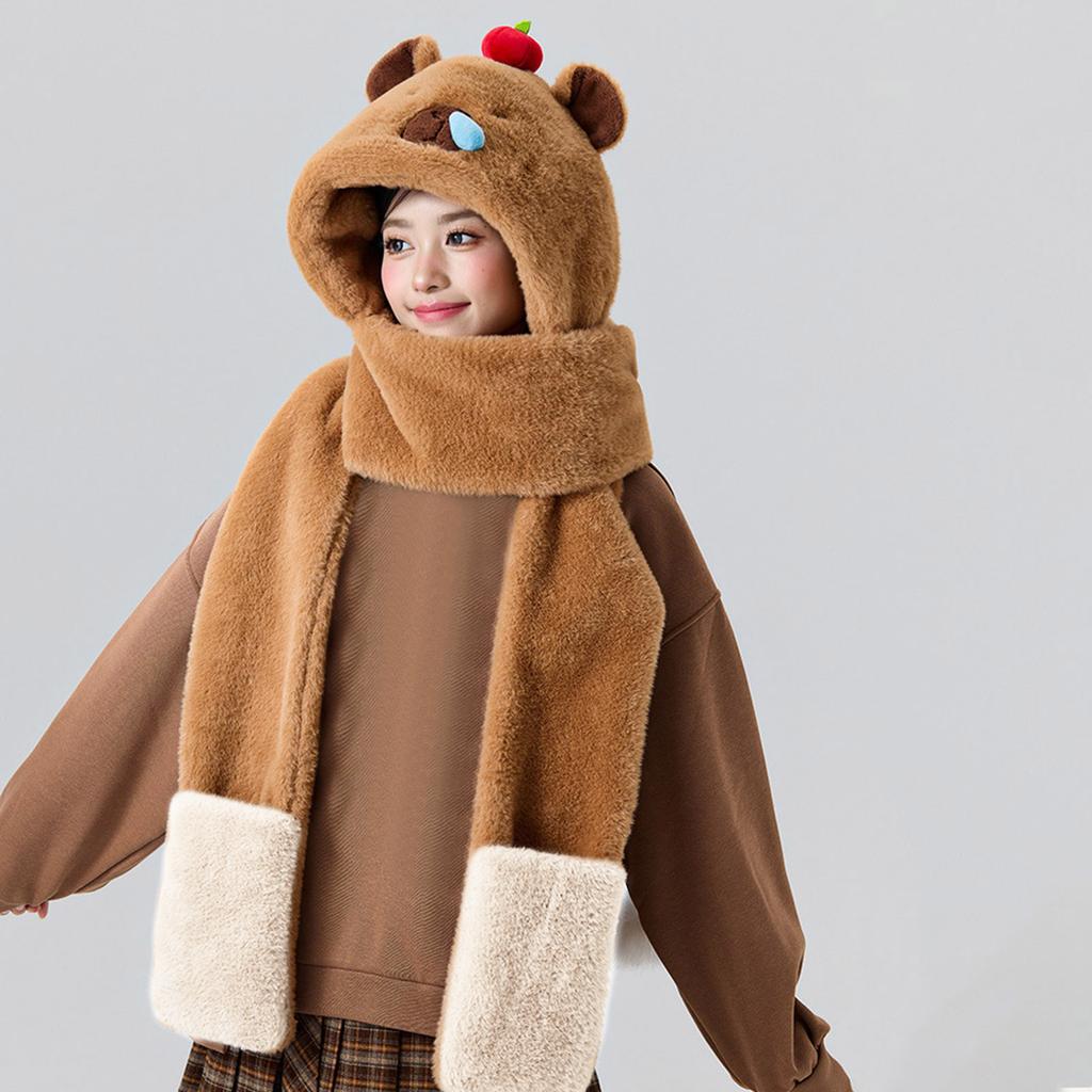 Furry Cartoon Head Cover with Scarf Gloves Set Thicken Furry Hat Oversized Headgear Hat for Winter Commute