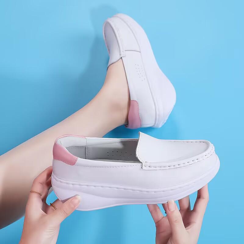 Cowhide nurse shoes women's breathable soft sole is not tired, foot slope heel white thick sole heightening rocking shoes muffin medical shoes