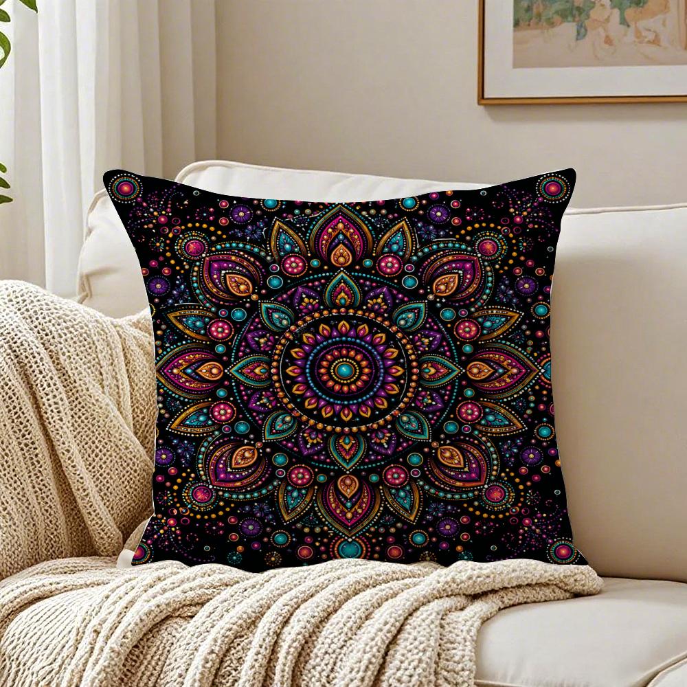 Darkcolored Mandala Floral Pattern Pillow Case Organic Short Plush Cushion Covers Breathable Washable WrinkleResistant