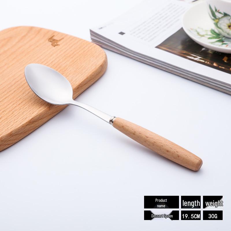 Western Cutlery Set: Stainless Steel with Wooden Handles - Includes Steak Knives, Dessert Spoons, Pasta Forks, and Spoons.