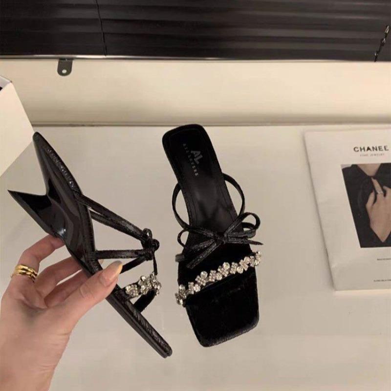 

Fashion Crystal Bow Women Slippers Shoes Sandals Summer Mid Heels Designer Outdoor Flip Flops 2024 Slingback Zapatos Mujer Slides Pumps 39 чёрный