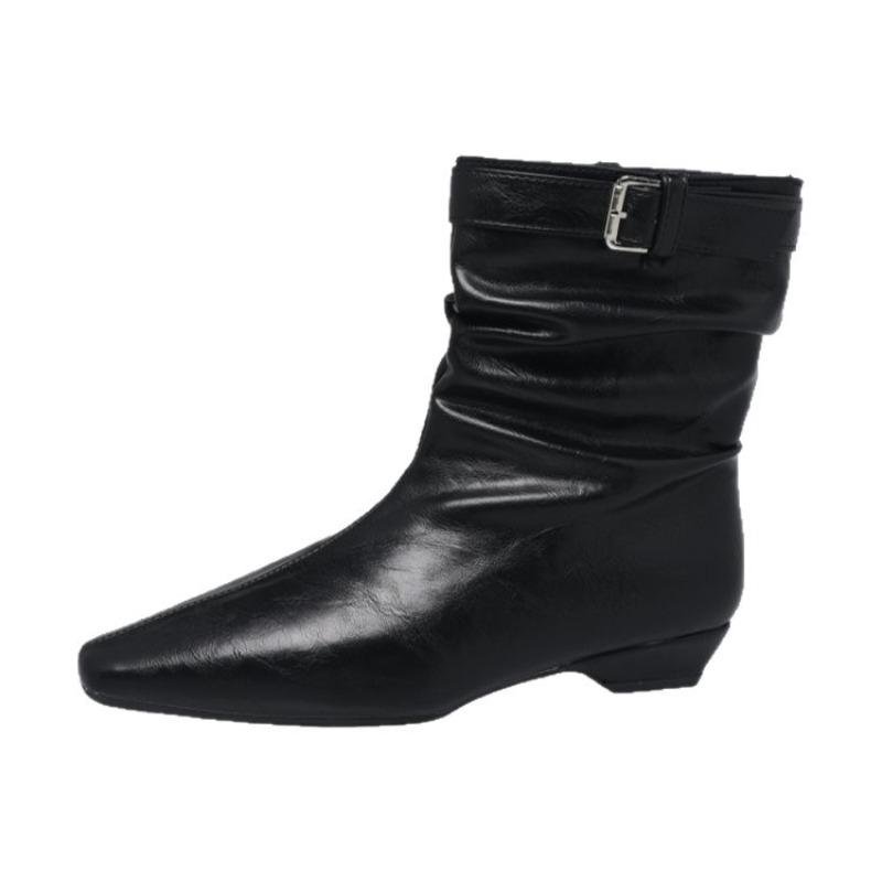 New Style Leather Belt Buckle Pointed Toe High-heel Shoes with Pleated Boots for Autumn and Winter