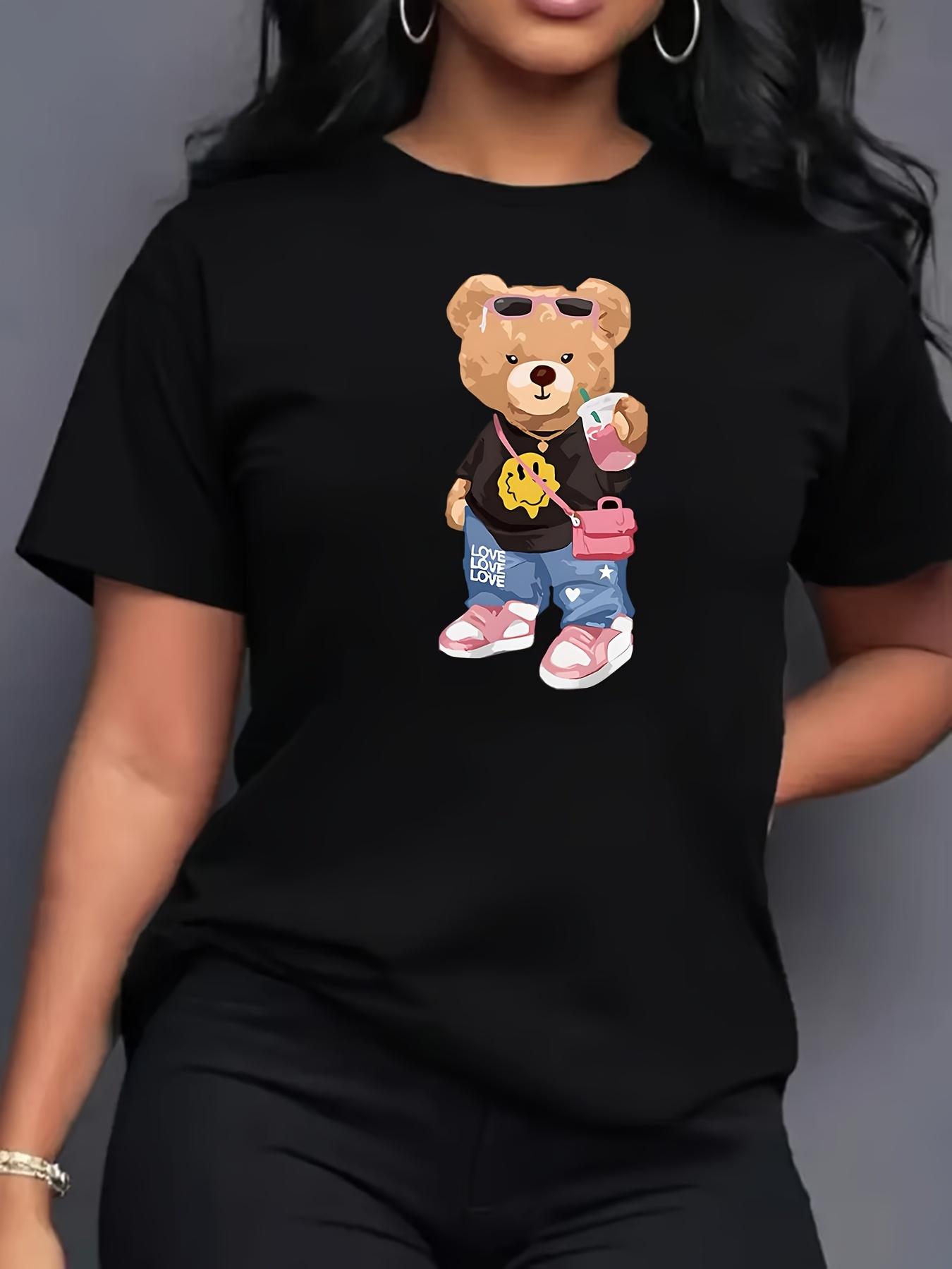 

Cute Bear Print T-Shirt, Comfortable Women s Short Sleeve T-Shirt, Casual Printed Women s T-Shirt, Patterned Women s Top 5XL різнокольоровий
