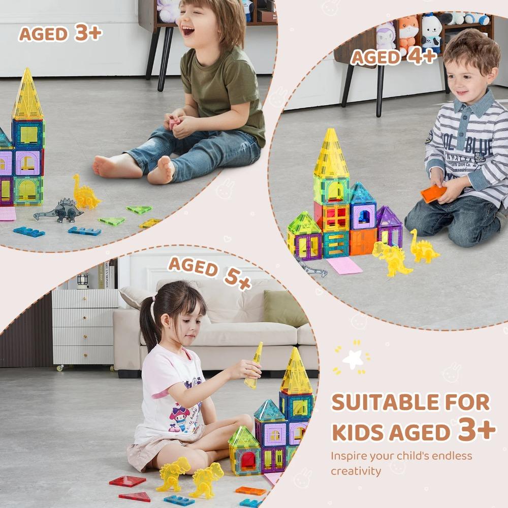 SucceBuy 56PCS Magnetic Tiles Magnet Building Blocks with 4 Dinosaurs Construction Stacking Stem Educational Toys for Kids