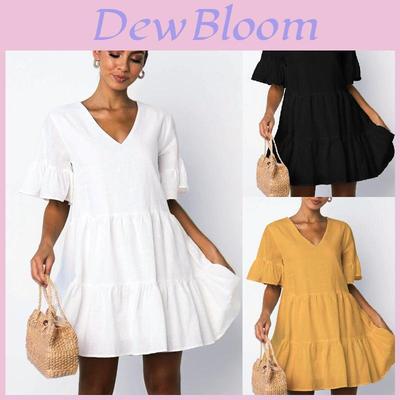 Elegant Women V-neck Plain Smock Dress With Loose Fit And Short Sleeve Design