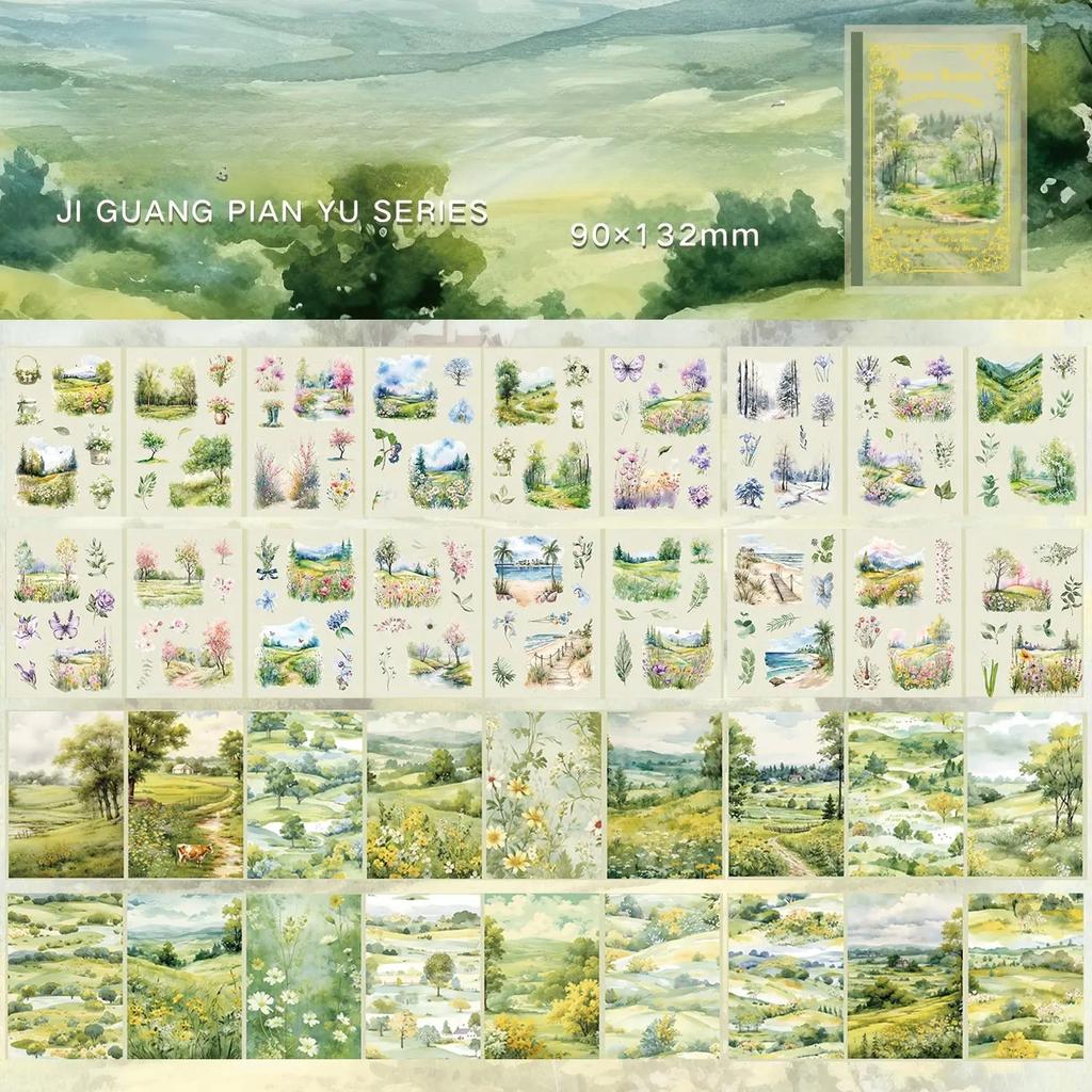 PET Sticker Material Package Aurora Sheet Feather Series European and American Retro Landscape Handbook DIY Decorative Stickers