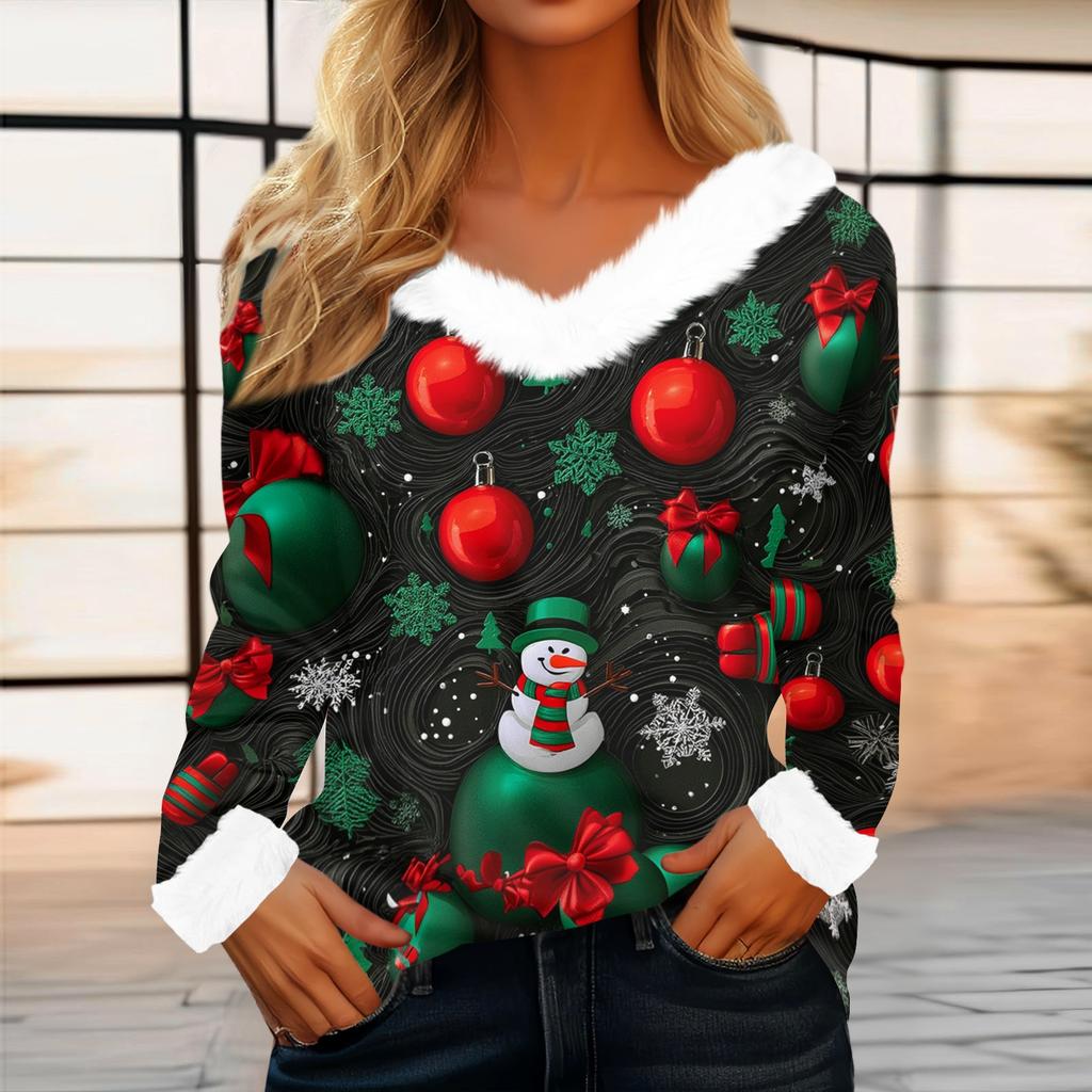 Women's Casual Long Sleeve Christmas Print Top with Plush Collar