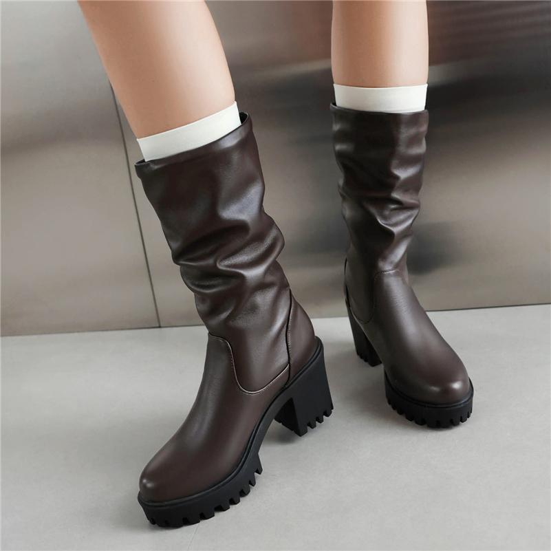 FOREADA Women Mid Calf Boots Round Toe Chunky High Heels Pleated Platform Concise Ladies Fashion Shoes Winter Black Brown 43
