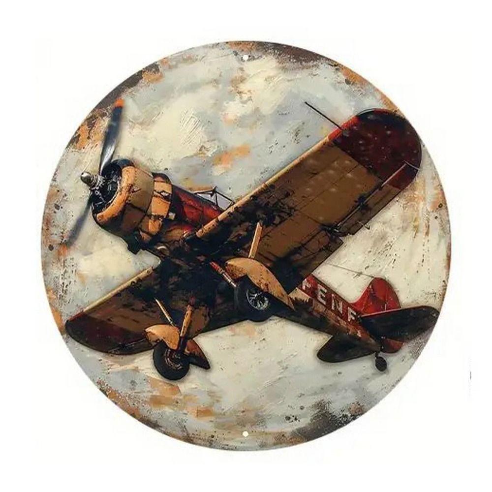 Retro Round Metal Sign Flat Fighter Plane 20x20cm