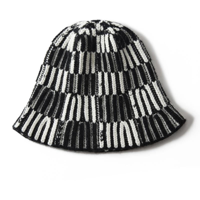 New color matching plaid cashmere knitted fisherman hat women's striped dome warm face small cashmere basin hat