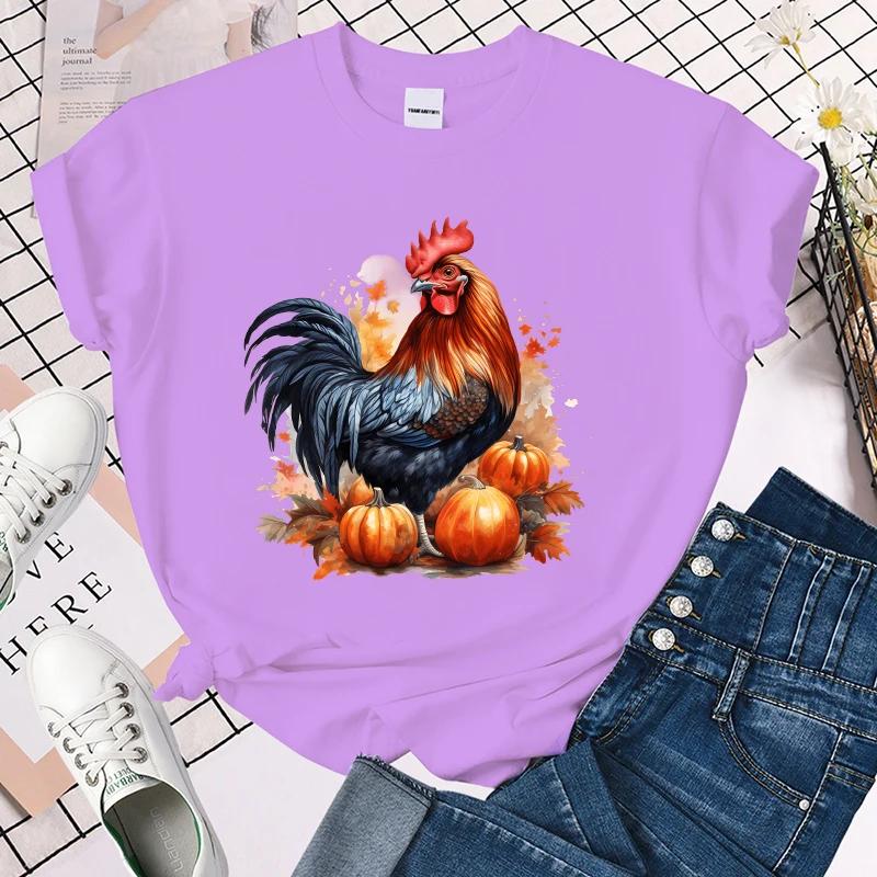 (Premium T-shirt)Cool Fall Chicken Pumpkin Print T-Shirt For Women Summer Fashion Casual T-Shirts Short Sleeve Creative Tops