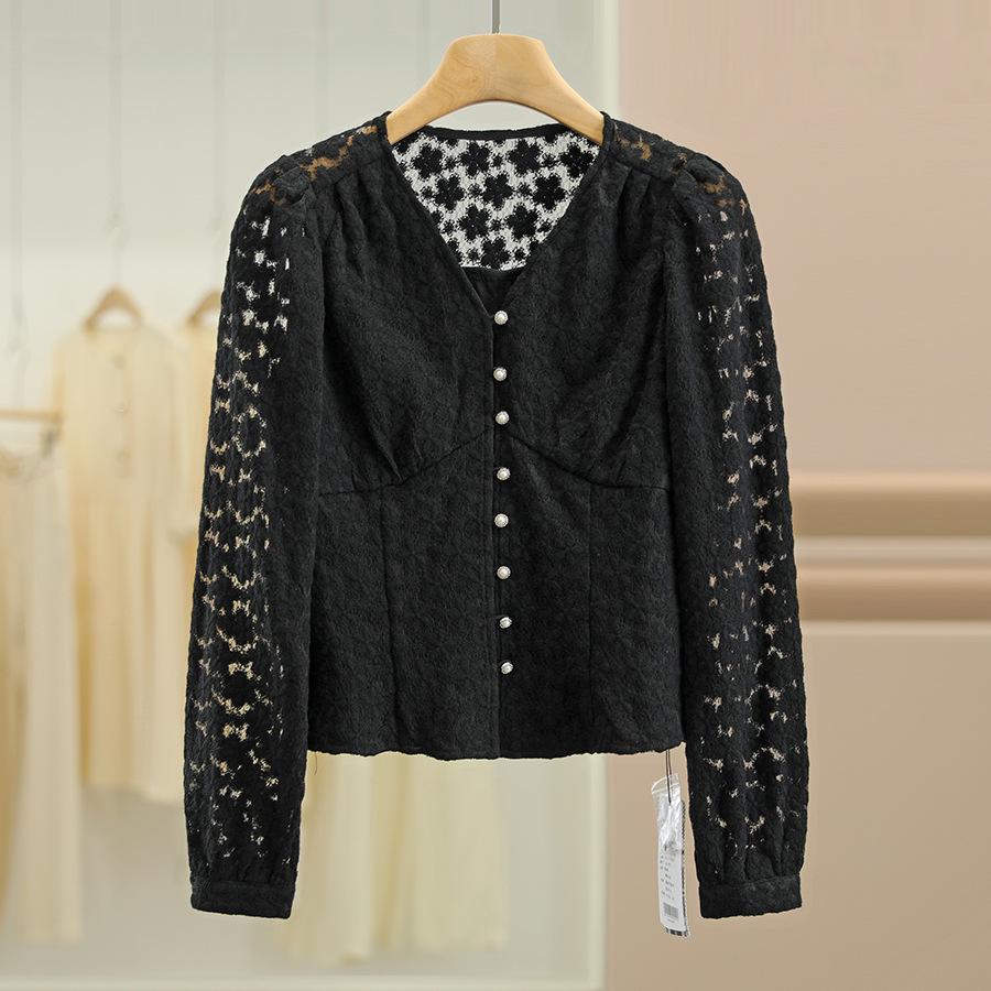 

Wei Mei Lace Floral V-Neck Pearl Button Shirt for Autumn S чёрный