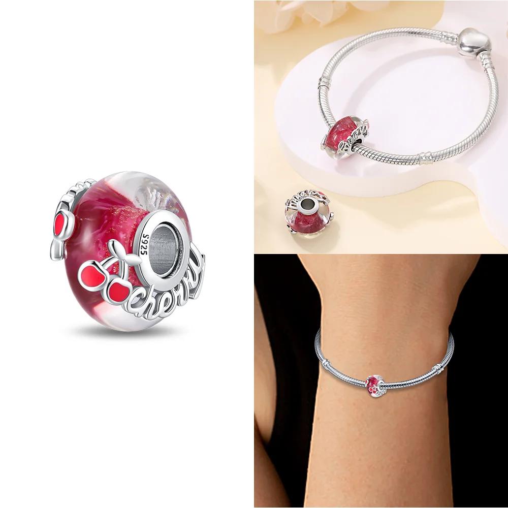 925 Silver Bracelet Women Diy Jewelry Gift Accessories Charms Beads Pink Murano Glass Blue Flower Butterfly Beads