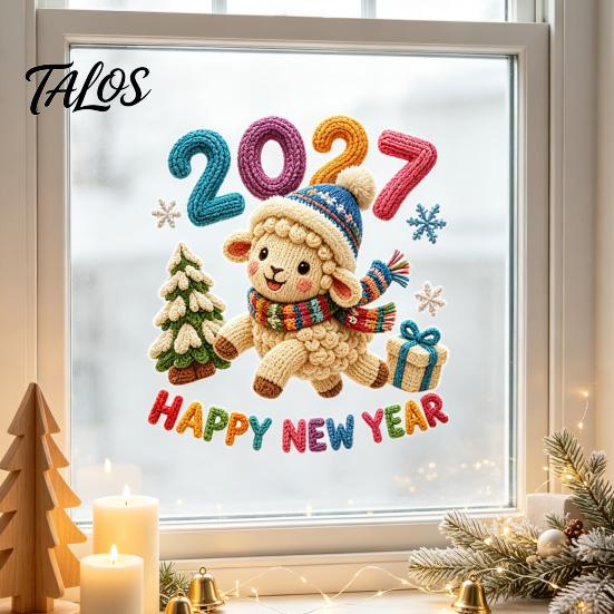 Winter Theme Glass Decor Chinese New Year Window Stickers, 2027 Goat Static Clings, Reusable Non Adhesive Film Crochet Knit Lamb Decals, for Home Shop