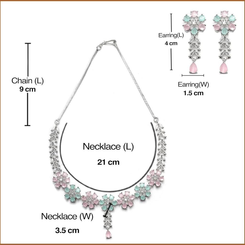 Rhodium-Plated Silver Toned Star Shaped American Diamond Studded Necklace Earrings Jewellery Set for Girls and Women