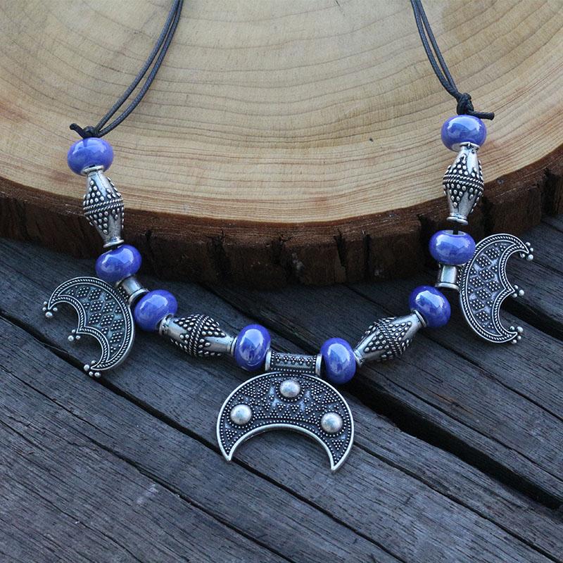 Purple Beads With Rigid Lunula Pendant, Slavic inspirations Rough Viking Age Dress Kette Necklace Brooch Jewelry For Charm Women 50CM