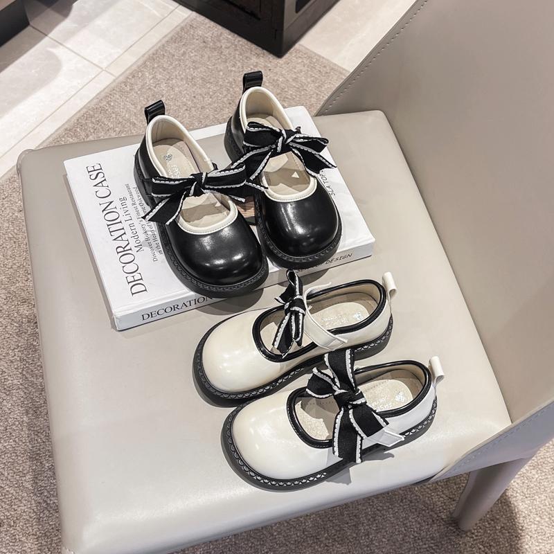 2024 New Girls Leather Shoes Simple Non-slip Bow Round-toe Versatile Soft Elegant Korean Style Kids Princess Loafers Soft Spring