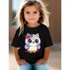 Europäische Größen Mädchen Sommer Cartoon Eulenprint Strick-T-Shirt, Lässiger Rundhalsausschnitt, Mittlere Dehnbarkeit, Bequem und Stilvoll, Rundhalsausschnitt, Normale Passform