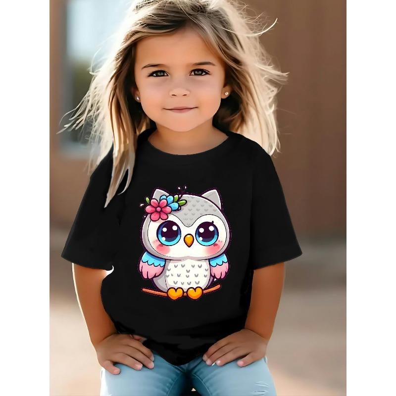 Europäische Größen Mädchen Sommer Cartoon Eulenprint Strick-T-Shirt, Lässiger Rundhalsausschnitt, Mittlere Dehnbarkeit, Bequem und Stilvoll, Rundhalsausschnitt, Normale Passform