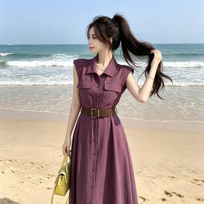 Fashion Summer New Temperament Shirt Lapel Sleeveless Dress Slim Waist Design Women's Purple Medium and Long Dress
