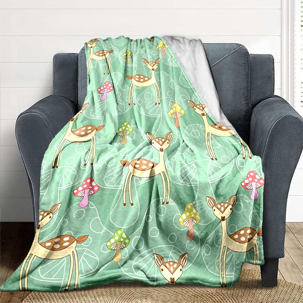 1pc Deer Mushrooms Lightweight Flannel Blanket, Comfortable and Warm Blanket, for Office and Camping Sofa Bed, Livingroom180