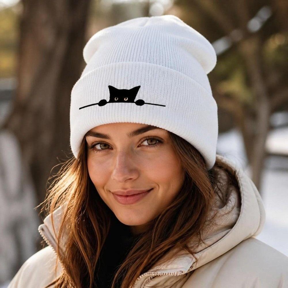 Windproof Knitted Beanie Hat Cartoon Cat Printed Pullover Cap Fashion Warm Hat  Outdoor