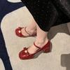 Fashion Square Heel Single Shoes Summer New Round Toe Shallow Mouth Pearl Bow One Strap Anti-Slip Wear-Resistant High Heels