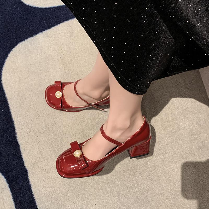 Fashion Square Heel Single Shoes Summer New Round Toe Shallow Mouth Pearl Bow One Strap Anti-Slip Wear-Resistant High Heels