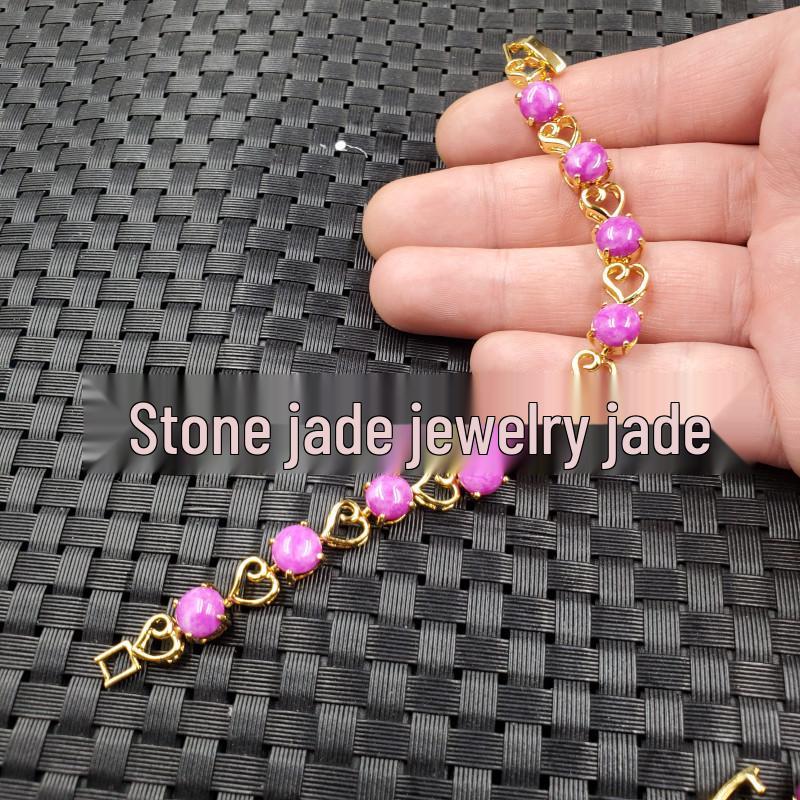 Diamond Inlaid Pink Quartzite Jade Bracelet with Peach Blossom Charm