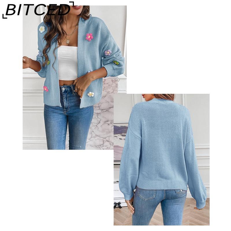 BITCED Hand-Crocheted Floral Sweet Knit Cardigan Sweater Jacket for Women Lazy-Chic Style Casual Oversized Knitwear