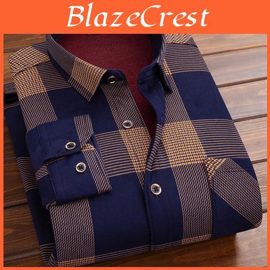 Formal Shirt Men Fall Spring Business Style Thick Plush Color Matching Plaid Print Vintage Soft Single Breasted Buttons Cardigan Plus Size Mid Aged