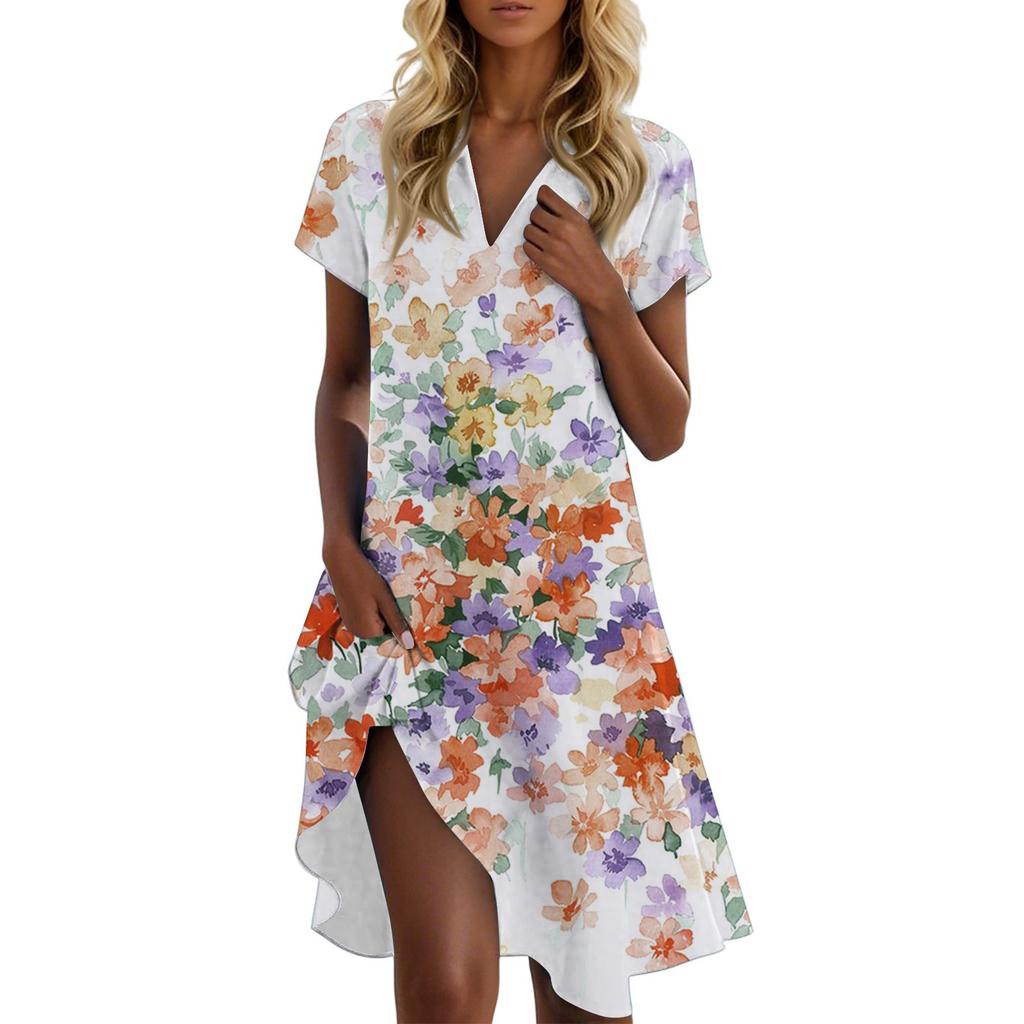 Women's Casual Fashion Stand Collar Floral Print Short Sleeve Dress