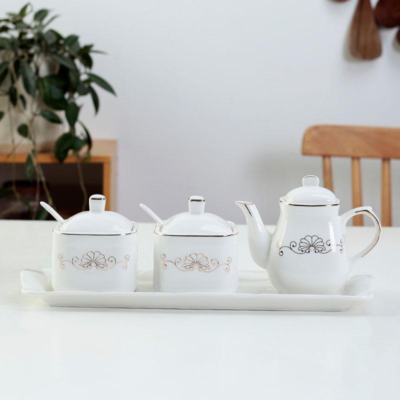 Lotus Ceramic Condiment Jar Set for Salt, Sugar, Soy Sauce, and Vinegar