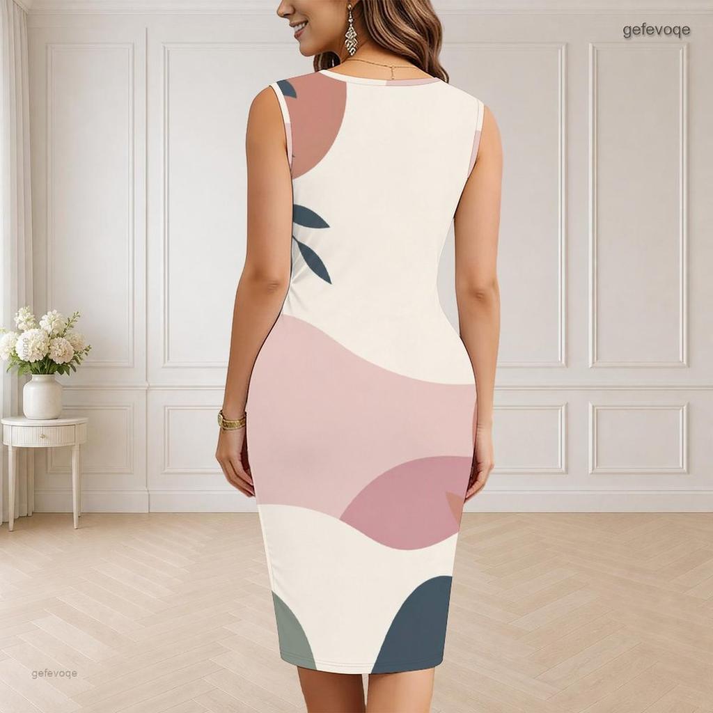 Women Plus Size V Neck Sleeveless Printed Bodycon Midi Dress