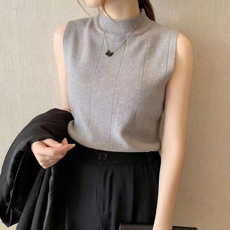 Modisches Strick-Tanktop mit halbem Rollkragen Sommer Damen Lässig Unifarben Ärmellose Weste