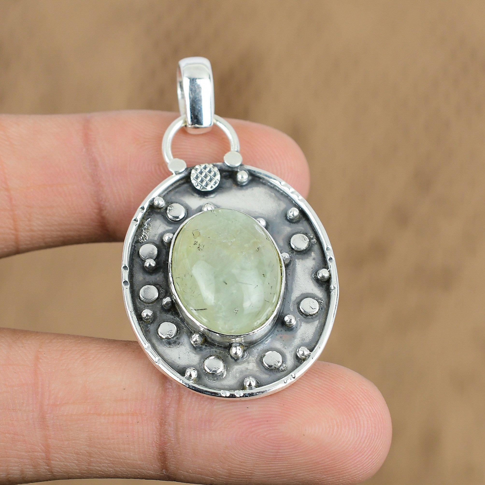 

Birthday Gift For Her Natural Prehnite Gemstone Pendant 925 Sterling Silver