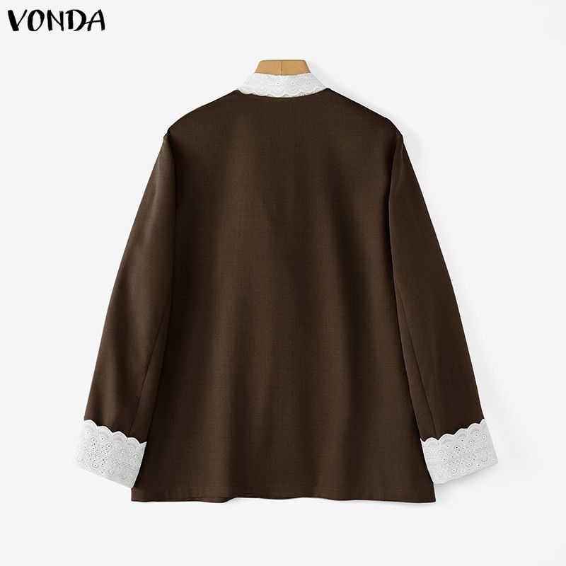 VONDA Women V-Neck Bow Lace Long Sleeve ButtonThin Cardigan Blazer