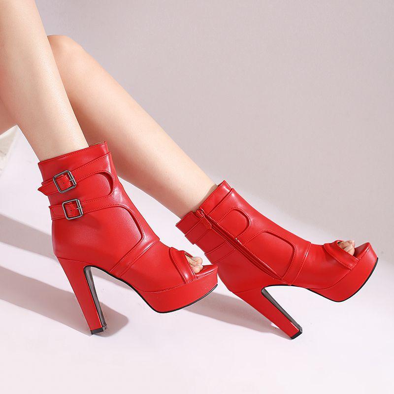 Yellow Sexy Dating Sandals for Women Peep Toe 12cm Block Heel 3.5cm Platform Zipper Belt Buckles Plus Size 48 49 50