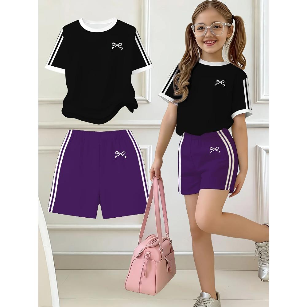 Kids Clothes, Girls 2pcs Set, Easy Bow Print Short Sleeve T-Shirt and Shorts Set, Suitable for Spring and Summer, Y2K Fashion Clothing