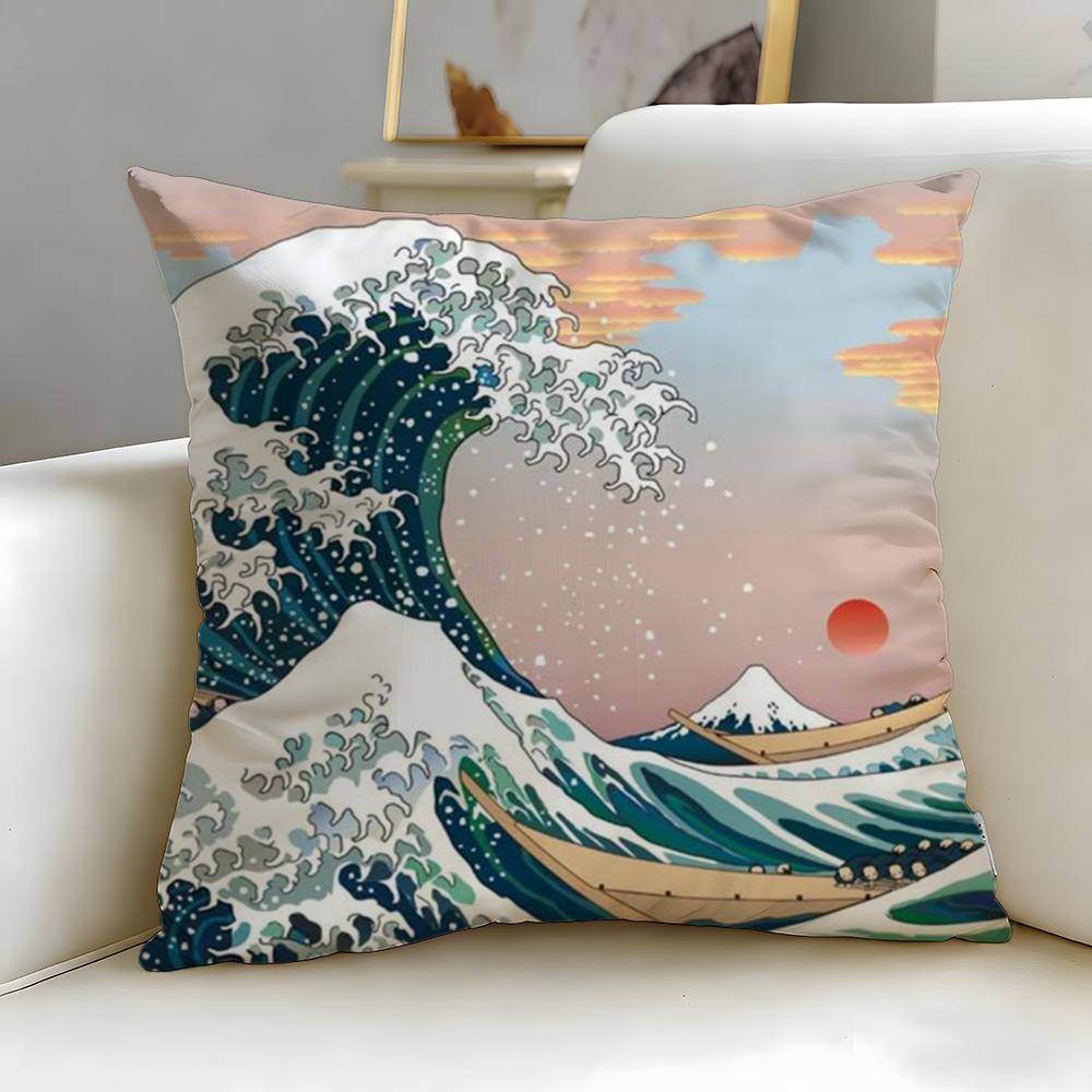 Classic Art Theme Japanese Waves Cushion Cover Soft  EasyWash Pillow Case  Versatile for Couch Bed Travel and Office