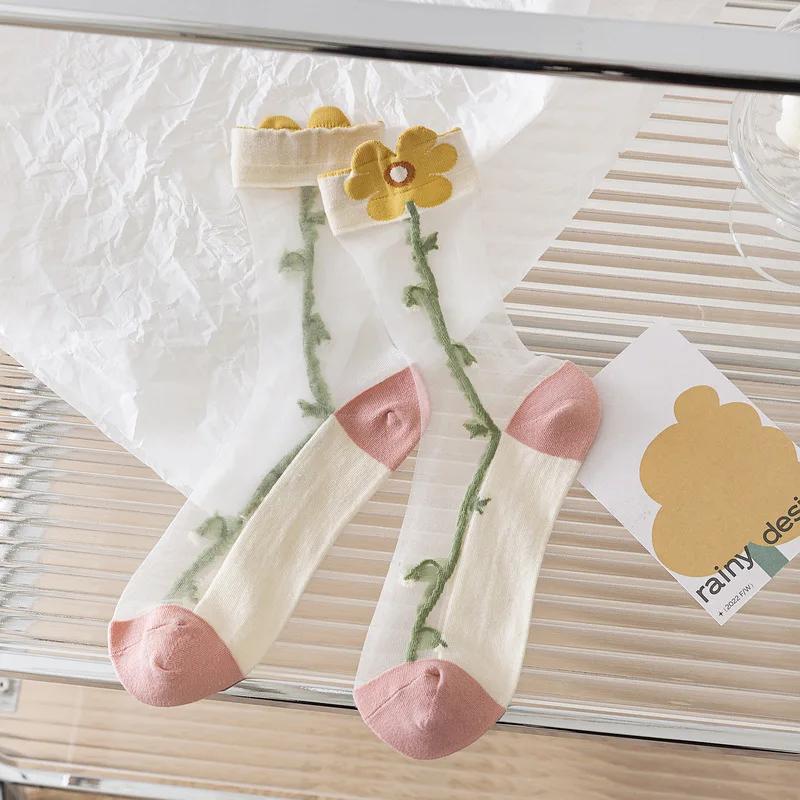 See Through Transparent Nylon Long Socks Women Summer Ultra-thin Breathable Crystal Silk Socks Embroidery Floral Cute Lace Socks