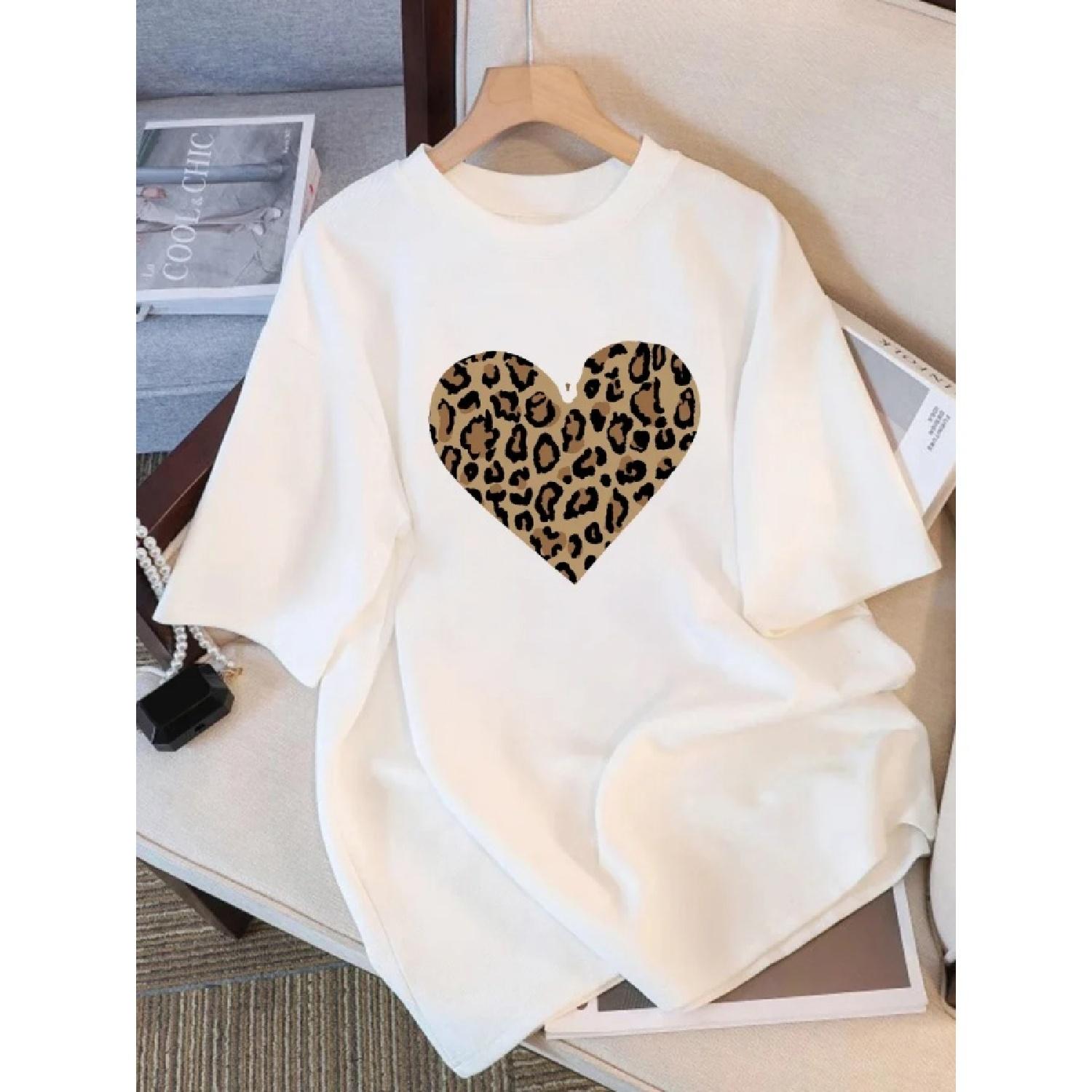 

Summer Cotton T-Shirts Women Simple Leopard Print Heart Printing T Shirt O-Neck Comfortable Loose Tops Street Womans Clothes XXXXXL білий