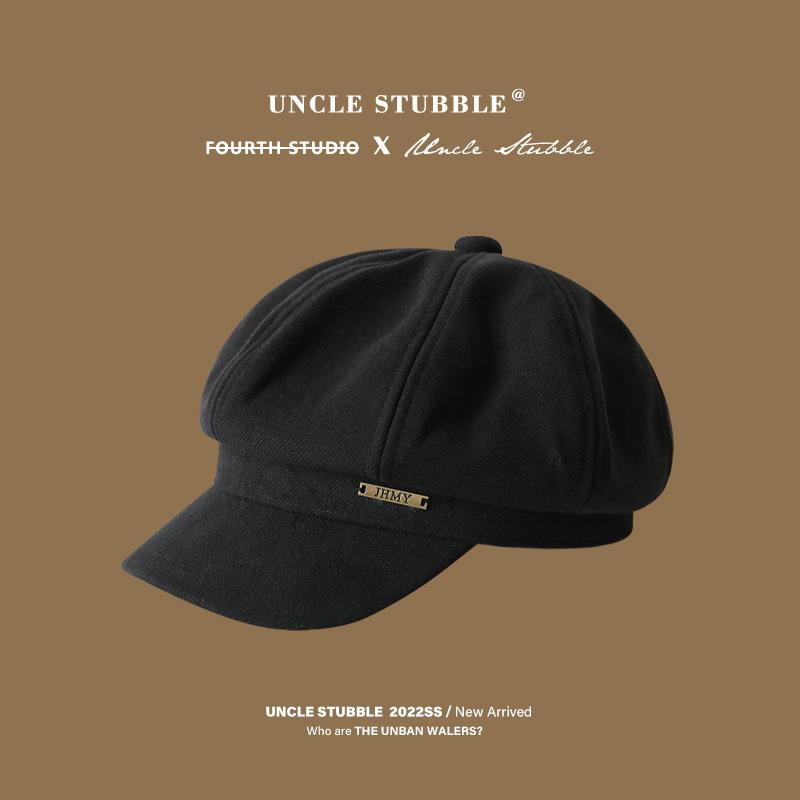 

Осень и зима новая шерстяная восьмиугольная шляпа ретро ветер облако шляпа большая шляпа верх показывает лицо маленькая кепка газетчика тренд One size (55-60cm) head circumference adjustable чёрный