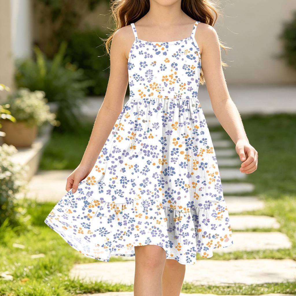 Girls Casual Sleeveless Spaghetti Strap Floral Print Princess Dress for Summer Daily Wear