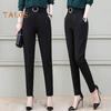 Women Casual Trousers High Waist Suit Pants Metal Buckle Pockets Solid Color Slim Fit Harem Pants Workwear